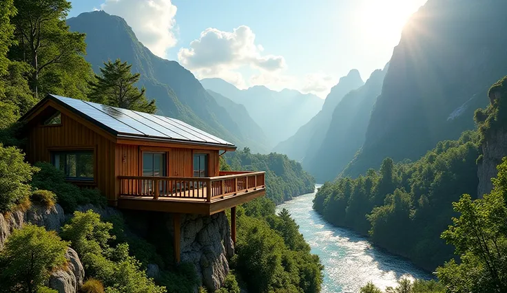 A serene eco-lodge nestled amidst lush green mountains, with solar panels on the roof and a wooden deck overlooking a sparkling river.