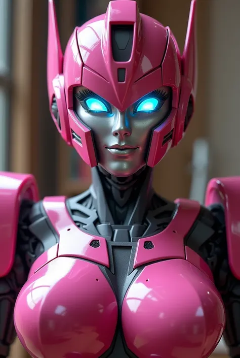  Arcee the autobot from transformers in the family room. Looking at and standing up super close to the camera like a selfie 
Arcee robot face
Dark pink
Small smile
Big robot breasts
Beautiful human blue eyes