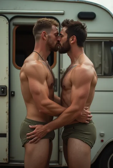 Two handsome redneck sporty men, with flat bellies, bare thin legs, short messy and dirty hair, are kissing and frotting, in front of the caravans mirror. bare legs.photo taken by a third with an Iphone. realistic.