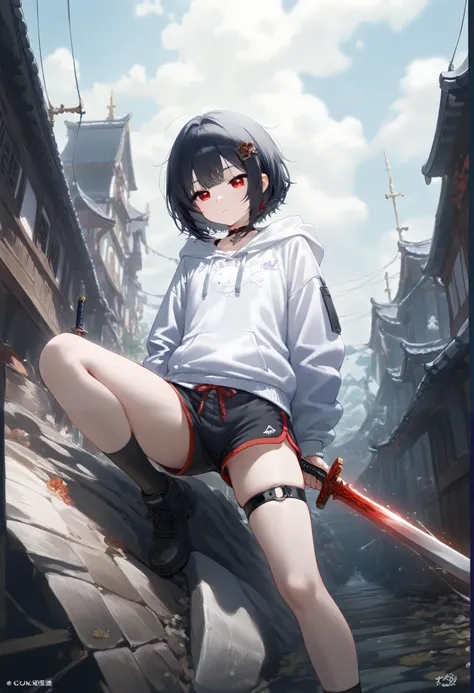((최고의 품질)), ((걸작)), (상세한), 완벽한 얼굴, SOLO, 1 BOY, SHOTA, ANIME, beautiful detailed eyes, BOB hair, BLACK hair, red EYES, BARE thighs, (((BARE LEG))), ((BLACK Dolphin shorts)), (((Hoodie))), Flat chest, Choker, expressionless, (Thigh strap),RUIN CITY, ((DICK)...