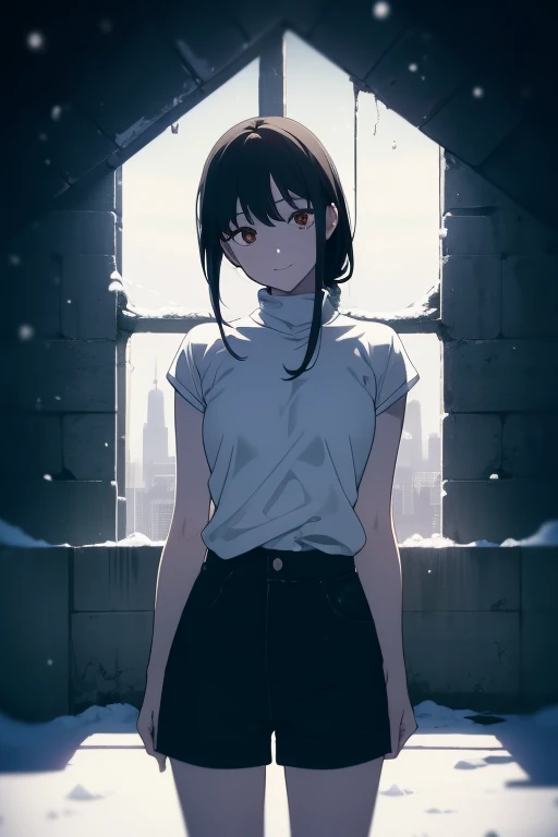 ((((Masterpiece,  best quality,  super high res)))),  1 girl,  is standing,  dressed casually,  loose t-shirt ,  loose shorts, ( black hair, dark  black hair in face),  long haircut,  blue-white skin, ((brown eye)), Shine_eye, 青い eye, (ultra detailed eye:0...