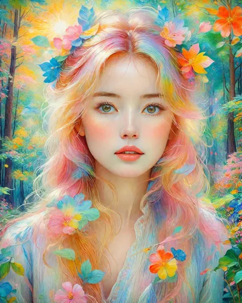 **"  Ethereal woman in an enchanted forest  :   Explosion of pastel colors  :  masterpiece in impressionist style 8K :   By Pierre-Auguste Renoir and Mary Cassatt  :   intricately detailed acrylic painting : arte digital,   soft and natural lighting  ,   d...