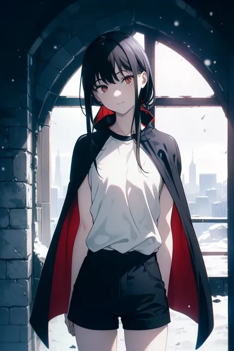 ((((Masterpiece,  best quality,  super high res)))),  1 girl,  is standing,  dressed casually,  loose t-shirt ,  loose shorts, ( black hair, dark  black hair in face),  long haircut,  blue-white skin, ((brown eye)), Shine_eye, 青い eye, (ultra detailed eye:0...