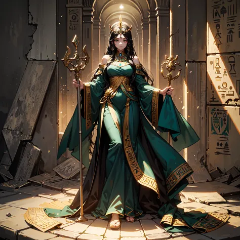 ((masterpiece, high detailed)) (1girl) A regal goddess wrapped in flowing green robes symbolizing rebirth, her skin pale like moonlight. Her long black hair falls gracefully around her shoulders. Her crown is adorned with the Atef crown, signifying her div...