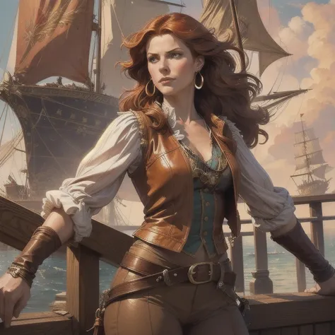  a 30-year-old red-haired pirate captain ,  wavy shoulder-length hair , red stripe, big gold earrings,  loose white long-sleeved blouse ,  brown leather vest , belt with large square buckle ,  long brown pants ,  frayed leather boots ,  holding a cleaver i...