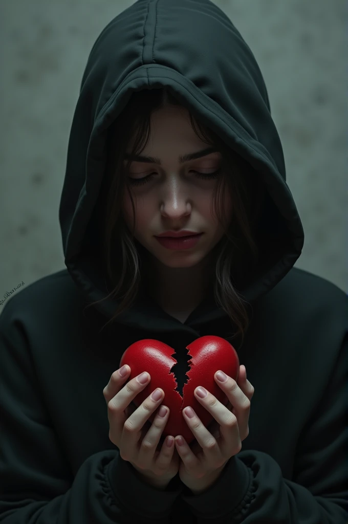 Sad woman with black hoodie holding a broken heart name neesa