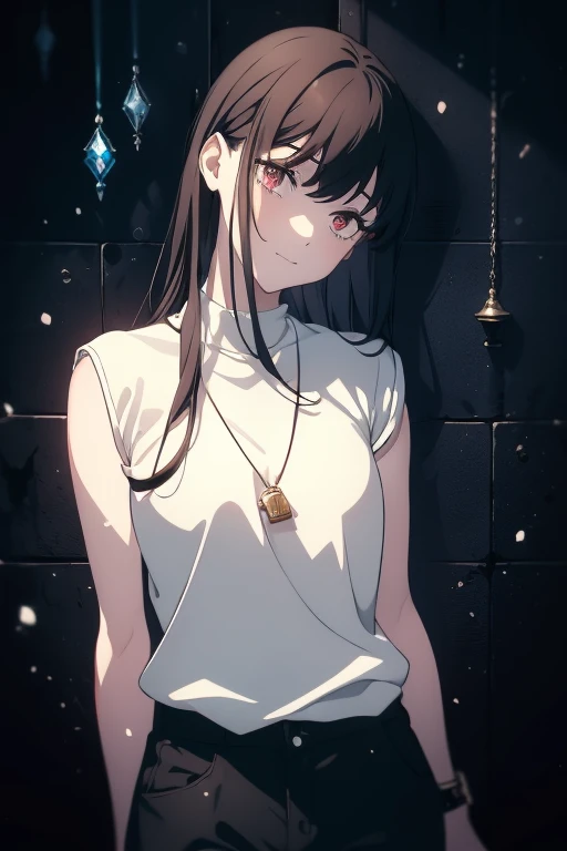 ((((Masterpiece,  best quality,  super high res)))),  1 girl,  is standing,  dressed casually,  loose t-shirt ,  loose shorts, ( black hair, dark  black hair in face),  long haircut,  blue-white skin, ((brown eye)), Shine_eye, neon eye, (ultra detailed eye...