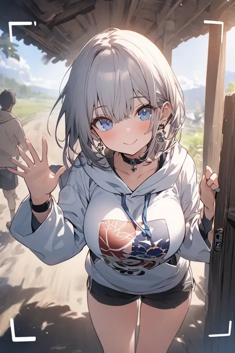 （8ｋ、masterpiece、 top quality 、 highest image quality taken by Ki、 high res、 natural light）、 girl （ cute：1.8）、One person、とても cute girl 、intense blue eyes 、Beautiful grey hair、 wolf cut、 Very Large Breasts、 Japanese style illustration style、 Silver Earrings ...