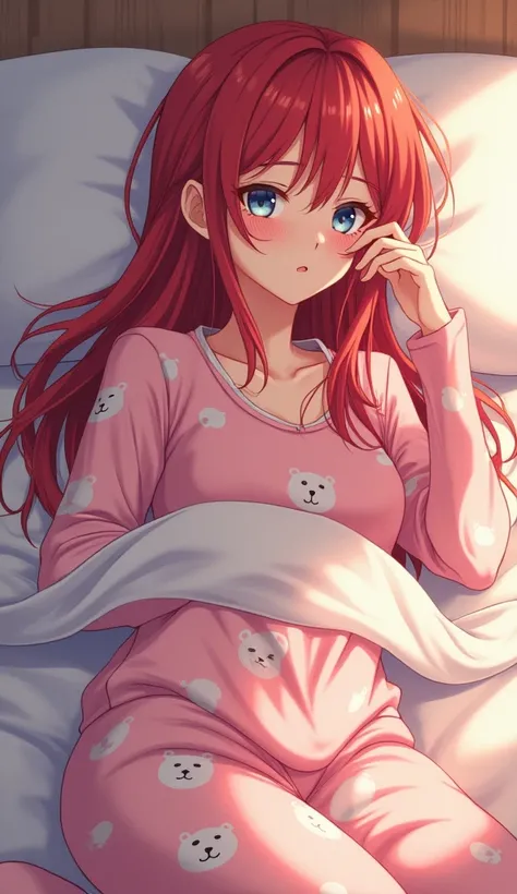   woman, anime style, long red hair, bangs between eyes, navy blue eyes, pink teddy bear pajamas, sleepy face, messy hair, rubbing hand over one eye, getting out of bed