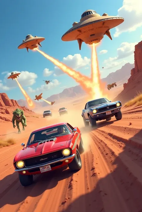 Several cars frantically escaping from spaceships that are chasing them while they are being shot, in addition to several monsters also starting to chase them in a frantic and action-packed scene (animated version). 