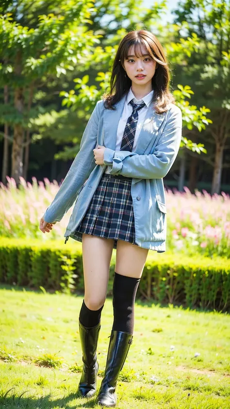 (8k、     RAW photos   、   top quality、masterpiece   :1.2)、(   realistic  、   realistic  )、1 person、((bangs、 ties、 shows shoulders、tights、 boots、Light blue jacket、Short sleeve、whole body、 Black Plaid Mini Skirt、 shows shoulders、Flower Field、Narrow waist、 cu...