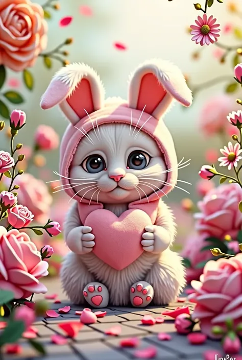  dressed baby cat as rabbit hold a pink heart with flowers on,background flowers and rose petals