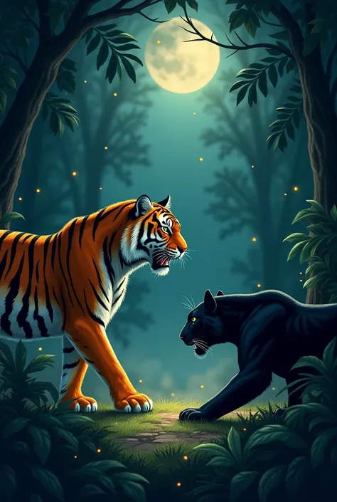 "Illustrate an intense standoff between a majestic tiger and a sleek black panther in a dense, moonlit jungle. The tiger, with its vibrant orange fur and bold black stripes, stands on the left, its muscles rippling with power as it lets out a low growl, ey...