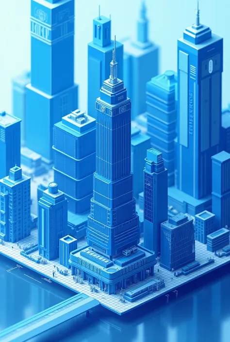 The composition showcases a meticulously crafted isometric cityscape, with modern architectural structures rendered in high-definition 3D. Sharp edges and clean geometric lines define each building, highlighted by a range of vibrant blue tones that convey ...