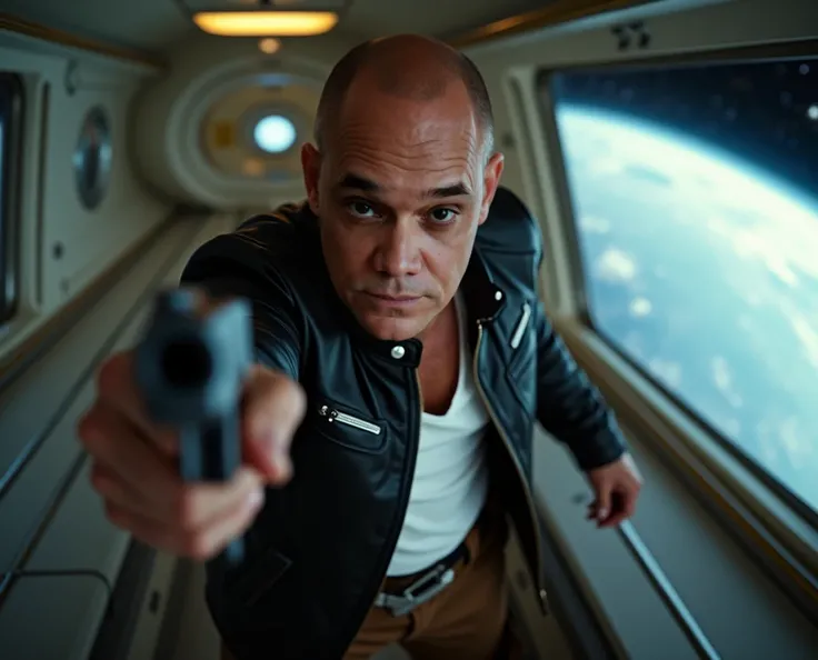 cinematic close up photography of bald man, dark eyes, he wears Han Solo Star Wars style clothes and holds a gun in one hand, he is standing inside a retro futuristic spaceship with a large window in the background looking out into space, 80s style sci-fi