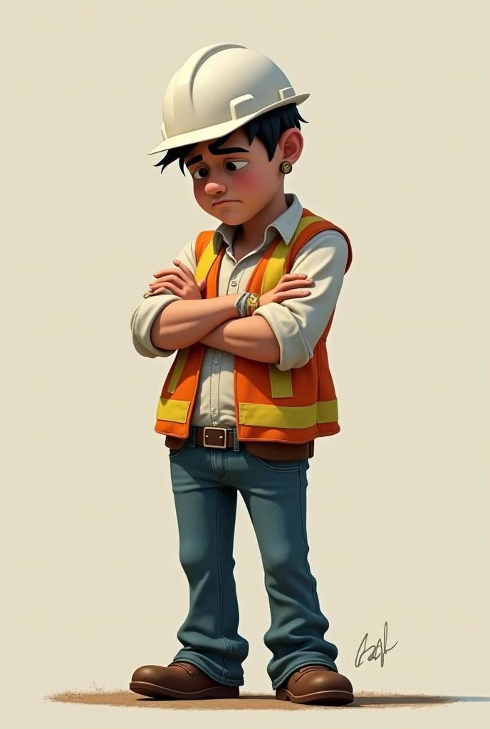 Animated by a downcast man,  Short black hair, With a small wick in front, casco blanco,  safety vest, camisa blanca, blue jeans ,  chocolate shoes ,  arms crossed