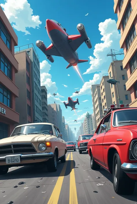 Several post-half-destroyed cars frantically escaping from spaceships that are chasing them while shooting at them, in addition to several monsters also starting to chase them in a frantic scene in the middle of the destroyed and action-packed city (anime ...