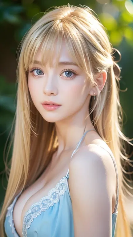  focus on face , Crazy for love,   , Frilled Summer Dress,   very beautiful blonde nordic girl ,  Overwhelmingly beautiful,  beautiful shiny super long straight blonde silky hair、Blonde bangs above eyes 、 blonde hair above one eye 、Blonde hair between the ...