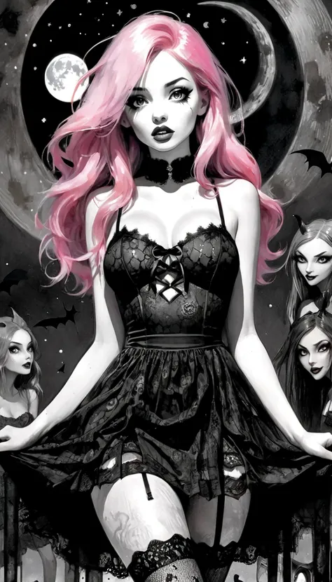 sexy girl, very long pink hair, torn black lace dress, stockings, surrounded by funny little demons, moon, horror, night, stars, magic, fantasy,, black and white sketch style, art inspired by Bill Sienkiewicz and Dave McKean, (best quality,4k,8k,highres,ma...