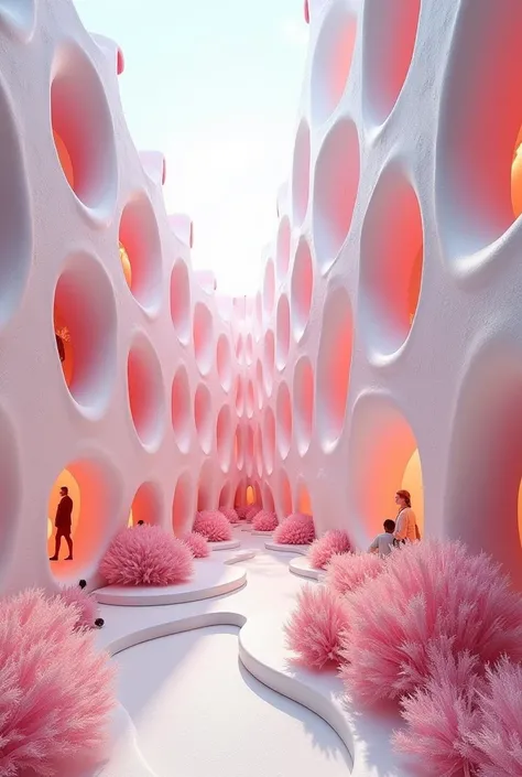  I want you to make a structure like a building seen from the inside, like a hive made of white and pink corals .  In which each cubicle is a room for people 