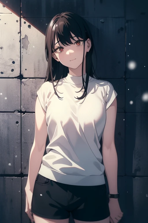 ((((Masterpiece,  best quality,  super high res)))),  1 girl,  is standing,  dressed casually,  loose t-shirt ,  loose shorts, ( black hair, dark  black hair in face),  long haircut,  blue-white skin, ((brown eye)), Shine_eye, neon eye, (ultra detailed eye...