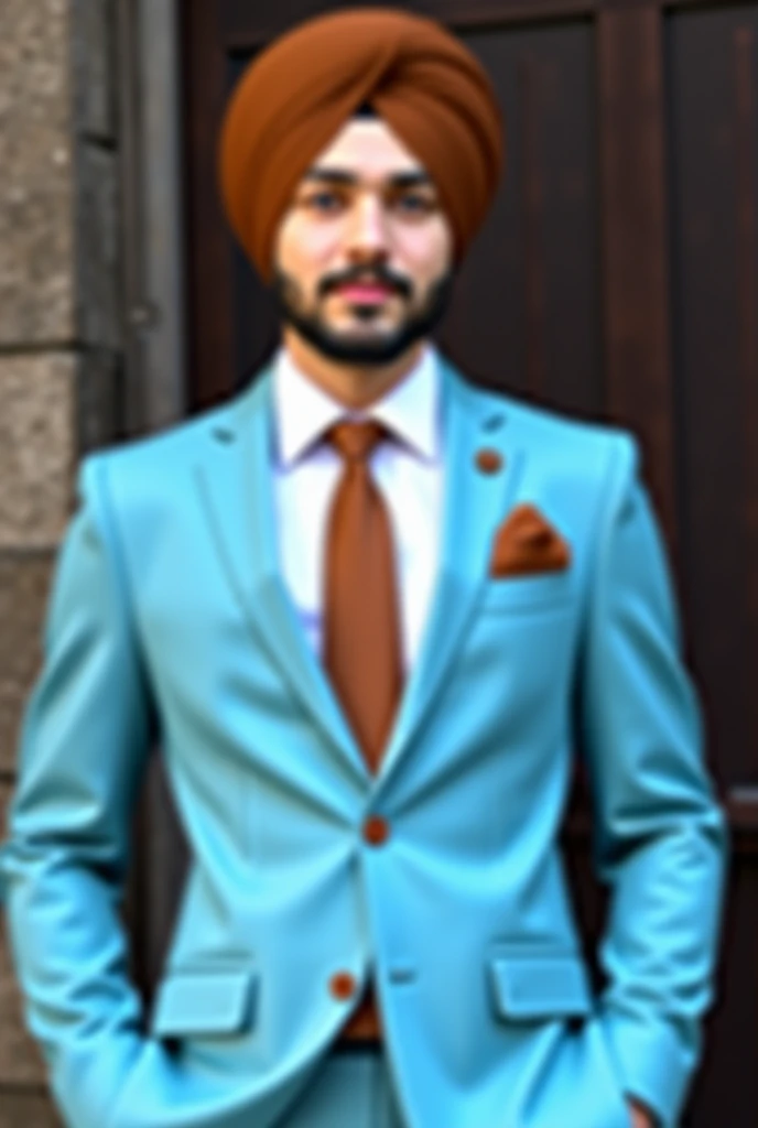 A young sardar guy wearing a light sky blue colored formal suit with brown tie and brown pagg