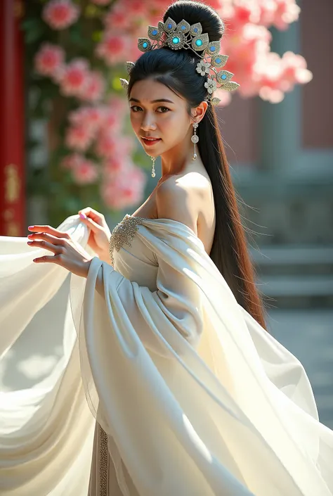 Chinese princess, a woman with long straight hair, big breasts, wears a luxurious white Chinese dress with long shoulders, an abundance of peacock pattern metal hair ornaments, high hair boxing in a palace with flowers, looking at the camera, holding a lon...