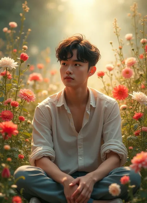 A picture of a young man sitting among flowers 