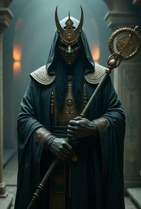 A person who wears an Asian mask and a scepter with Asian symbols and with a sharp ancient blade