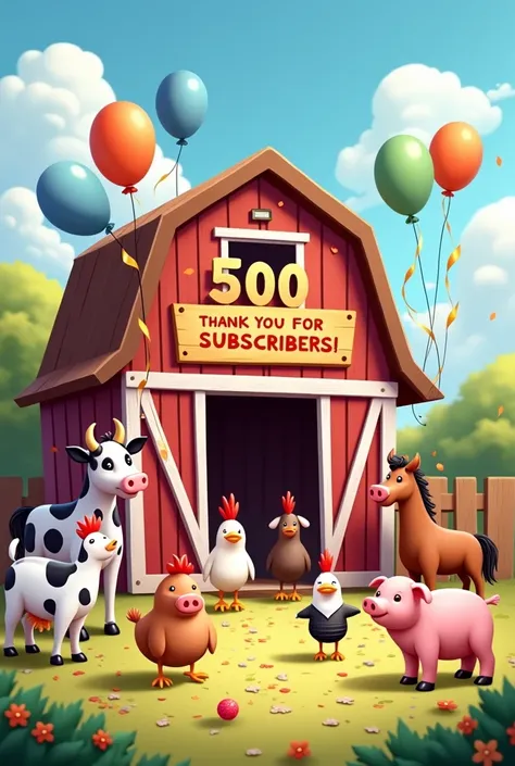 "Illustrate a cheerful farmyard scene with cows, chickens, pigs, goats, and horses celebrating 500 subscribers. The barn is decorated with balloons and a banner that says, Thank You for 500 Subscribers! Chickens are pecking at confetti, pigs are rolling in...