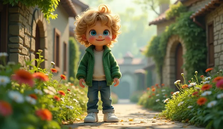 Let it be a seven-year-old boy. Have curly blonde hair and blue eyes. Wear a green cardigan, jeans and white sneakers underneath. Create a small town with stone streets and gardens. Mysterious forest paths covered with flowers and birds beckon the .