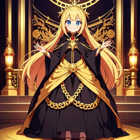 Full body, beautiful eyes ,(Cult leader)  , Ballgown, 1 girl  , full body , cute girl , anime style , cute eyes  , (standing up)  , gold designs on outfit , (beautiful eyes) , black cloak , Smile, Looking at viewer , covered in treasure , ornate outfit , g...