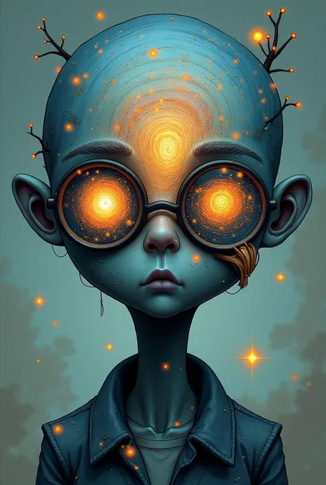  a faceless creature ,  with a fanciful look , fictional humanoid , but she wears glasses.  the face is like a galaxy inside.