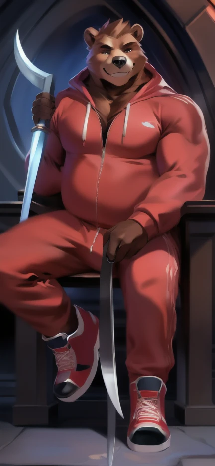 Solo, male Tall​ ,huge​ body​,​ Chair Ride ,heaven underworld ,Holding a sickle as a weapon to represent the Grim Reapers, bear​ ,pink Tracksuit soldier , Wear combat shoes, overweight, muscular, Smirking​ , by chunie