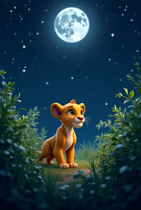 Here is the updated image of the lion cub standing man bushes under a dark night sky, surrounded by a peaceful atmosphere with gentle shadows. Let me know if youd like any more changes!

