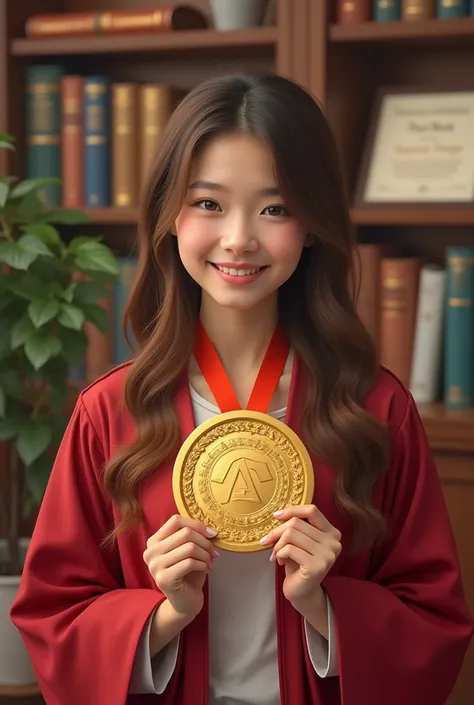 Create an image of a girl who have procured gold medal ,meaning who have got university 1st rank in academic 