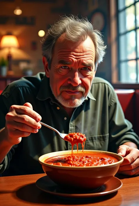 Picture of a man eating chili 