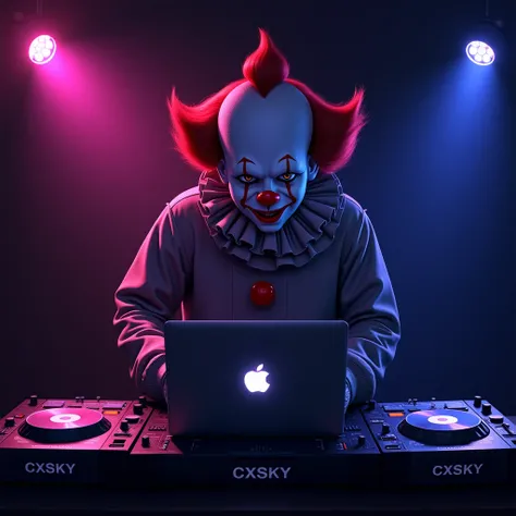 make me an album cover for the Indobounce genre with the theme of DJ equipment and an Apple laptop and a sticker with the words "CXSKY". the DJ has the head of a crying clown and the location is in a dark room with only the lights on on the left and right ...