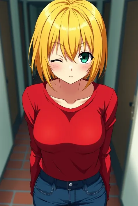 woman with yellow short hair and closed left eye with red jumper and blue jeans.her eyes is green.anime