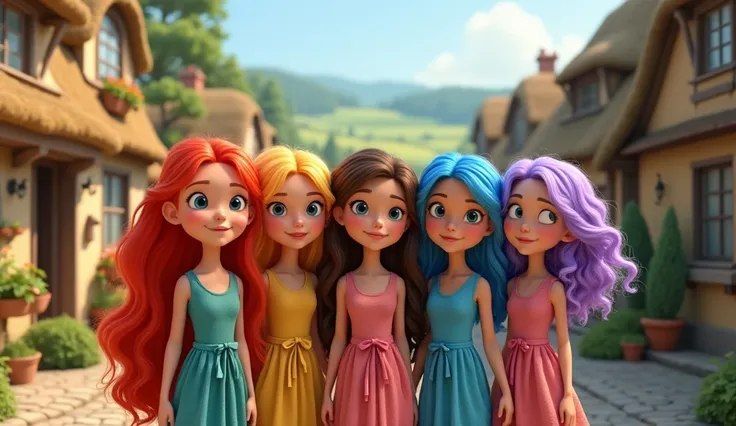 Disney Pixar style (In a quaint little village, there lived five sisters—each as different as the colors of a rainbow