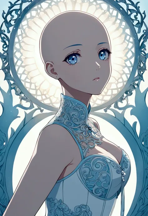  Young bald face semi-profile with big eyes light blue anime style. White corset with light blue 