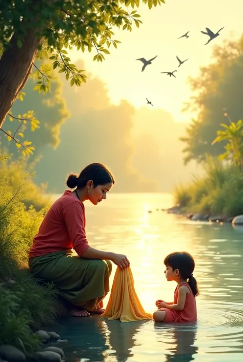 A serene riverside scene. Aai is washing clothes, and Ruhi sits beside her, listening with wide-eyed wonder. The river sparkles under the sunlight, and birds fly overhead.
