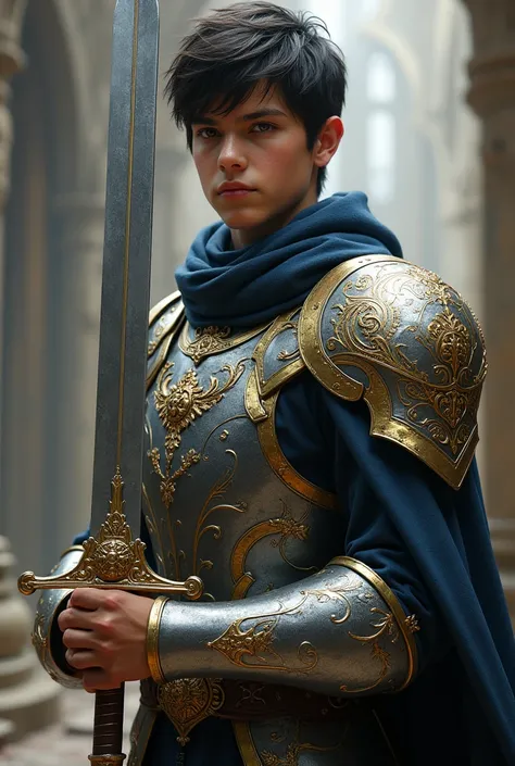 A teenager boy has a Silver arm guard with gold engravings and a silver sword 