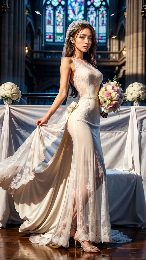 A beautiful young Japanese woman, 26 years old, with healthy thighs, beautiful legs, flawless skin, random hair color and style, large breasts, wearing a (wedding dress:1.3), (she is standing:1.2), full body shot, high heels, holding a bouquet in her hands...