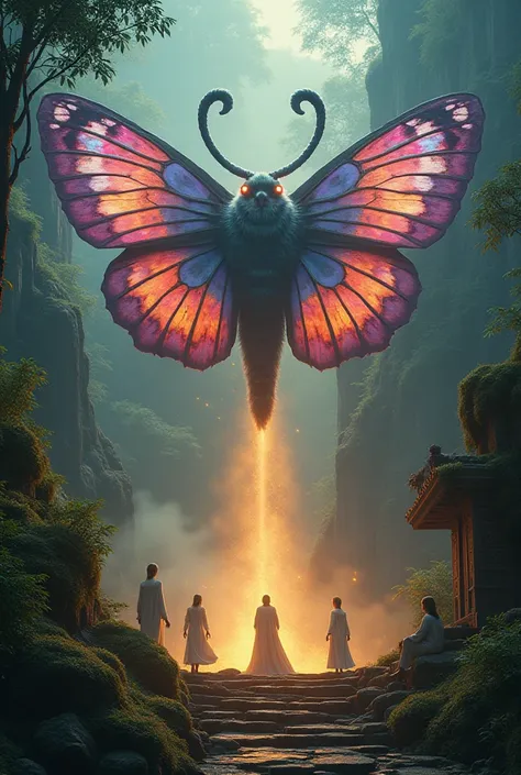 Mothra (Mothra, Mothra)

A colossal moth-like creature, Mothra, hovering above a dense jungle temple at dawn. Her iridescent wings shimmer in vibrant blues, purples, and golds, reflecting the early sun rays. Two giant fuzzy antennae curl gracefully, and he...