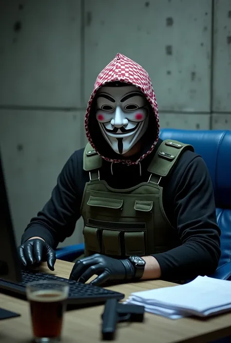 Anonymous masked man,very small checkered hood with red and white color combination,Black long sleeve casual t-shirt,Army green bulletproof vest,black leather gloves,Gray 3/4 pants,Sitting on a blue office chair,Typing on a keyboard with a computer monitor...