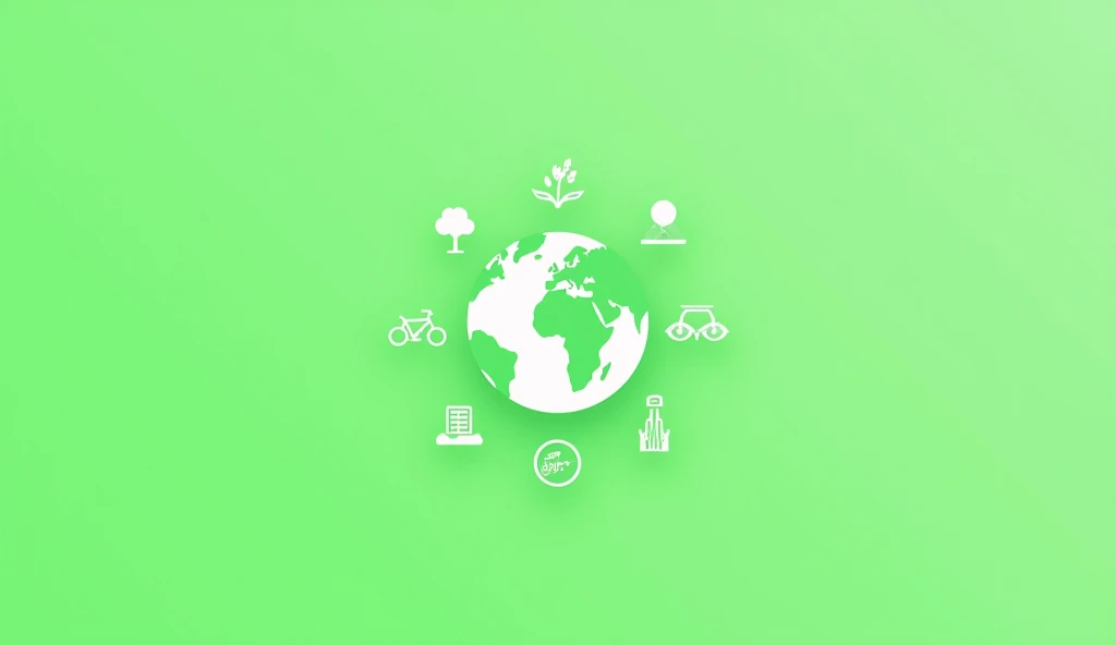 A minimalist design featuring a globe surrounded by icons of bicycles, solar panels, and trees, with a gradient green background.