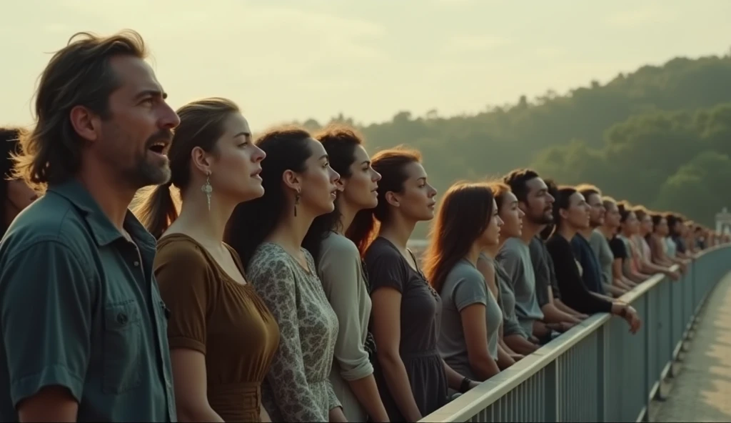 A mix of men and women, some in modern casual clothes and others in traditional attire. They stand in a semicircle, looking over the bridge railing with shock and fear. Their faces are illuminated by the morning light, capturing the horror of the discovery...