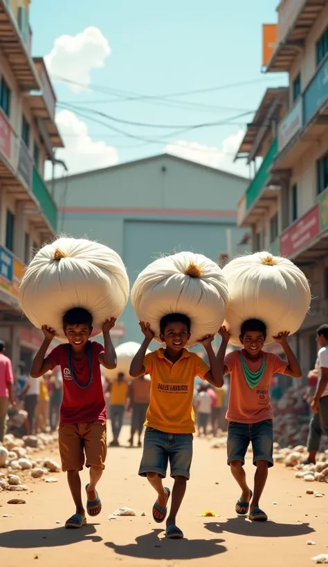 young bangla boys carrying big cotton ballots to a warehouse