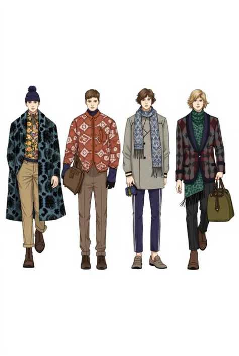 
 Create three full-fledged mens fashion sketches in high fashion style for the fall clothing collection,  ethnic and bohemian .
	 • Focus on outerwear : coat, jackets ,  sweater look or bombers with ornate ,  embroidery or ,  patterns inspired by traditio...